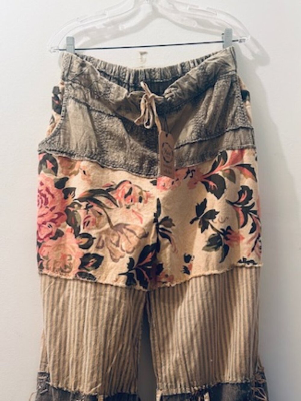 1397 A Rare Bird Chambray Tiered Roses & Striped Tie Waist One Size Pants NWT